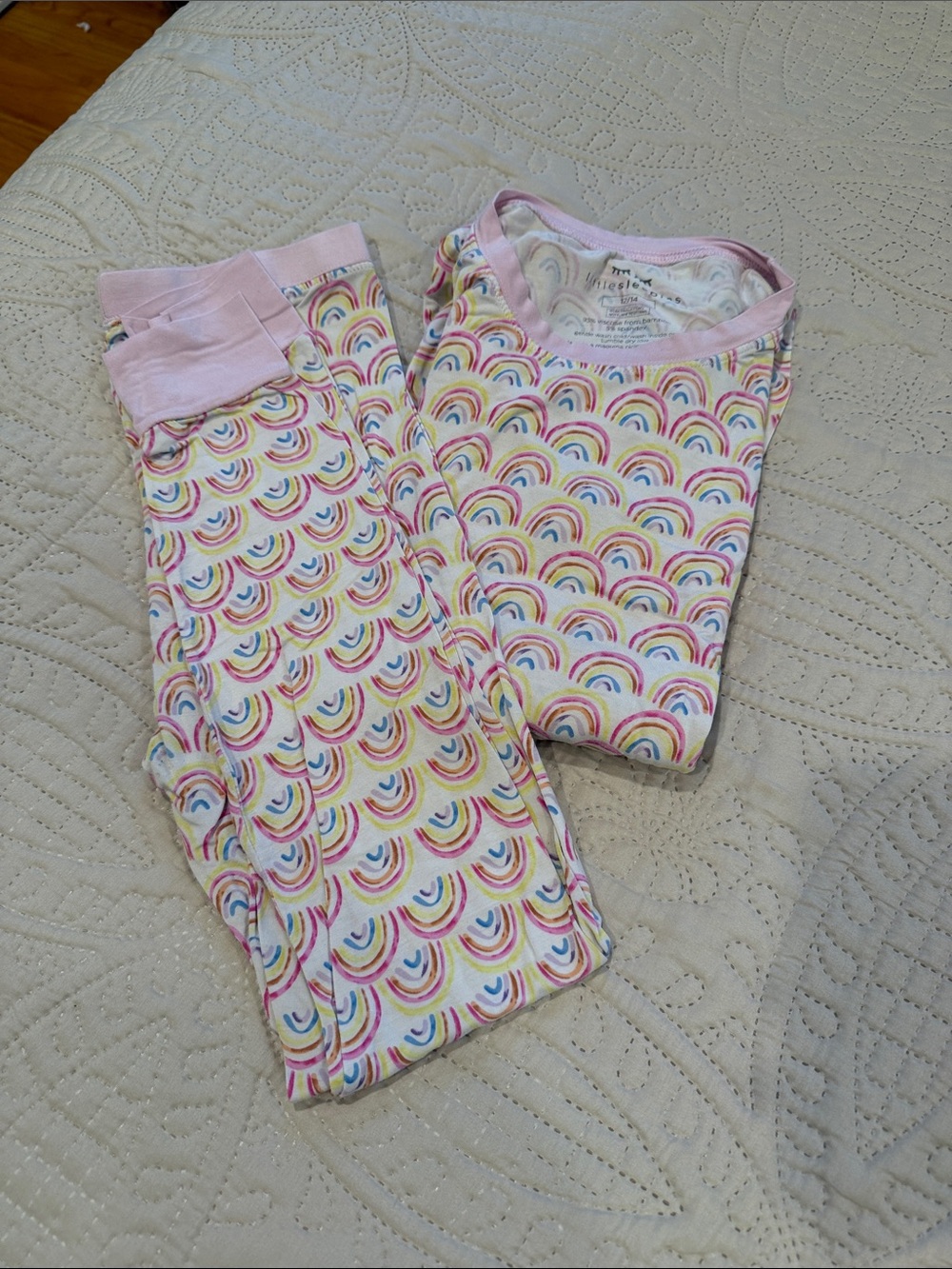 Little Sleepies White Pajama Set with Pink Trim and Rainbow Print